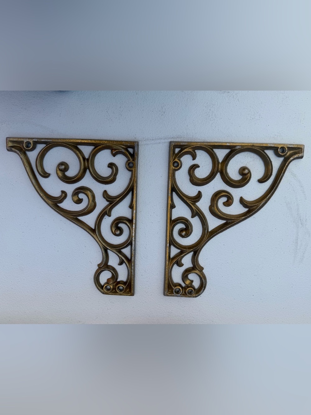 VTG Hollywood regency MCM gold tone metal shelf bracket pair
